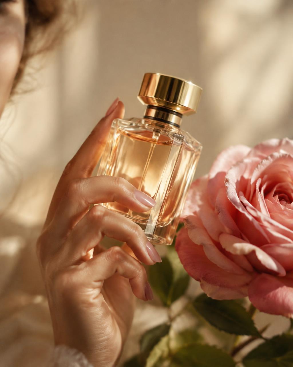 Hand holding a gold-capped perfume bottle beside a pink rose